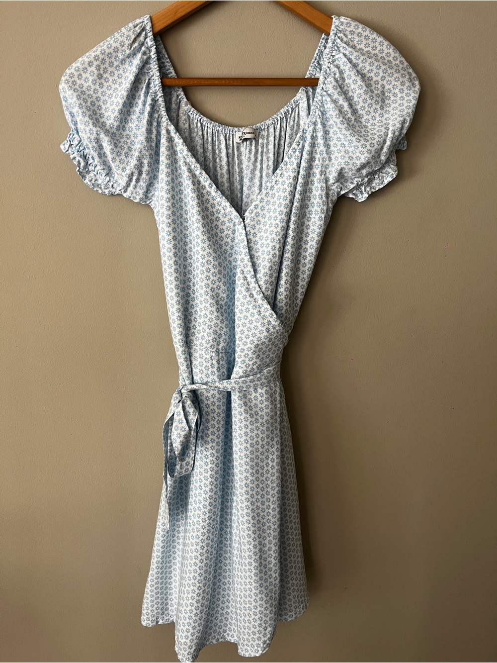 Hollister Light Blue Floral Wrap Dress with Puff Sleeves